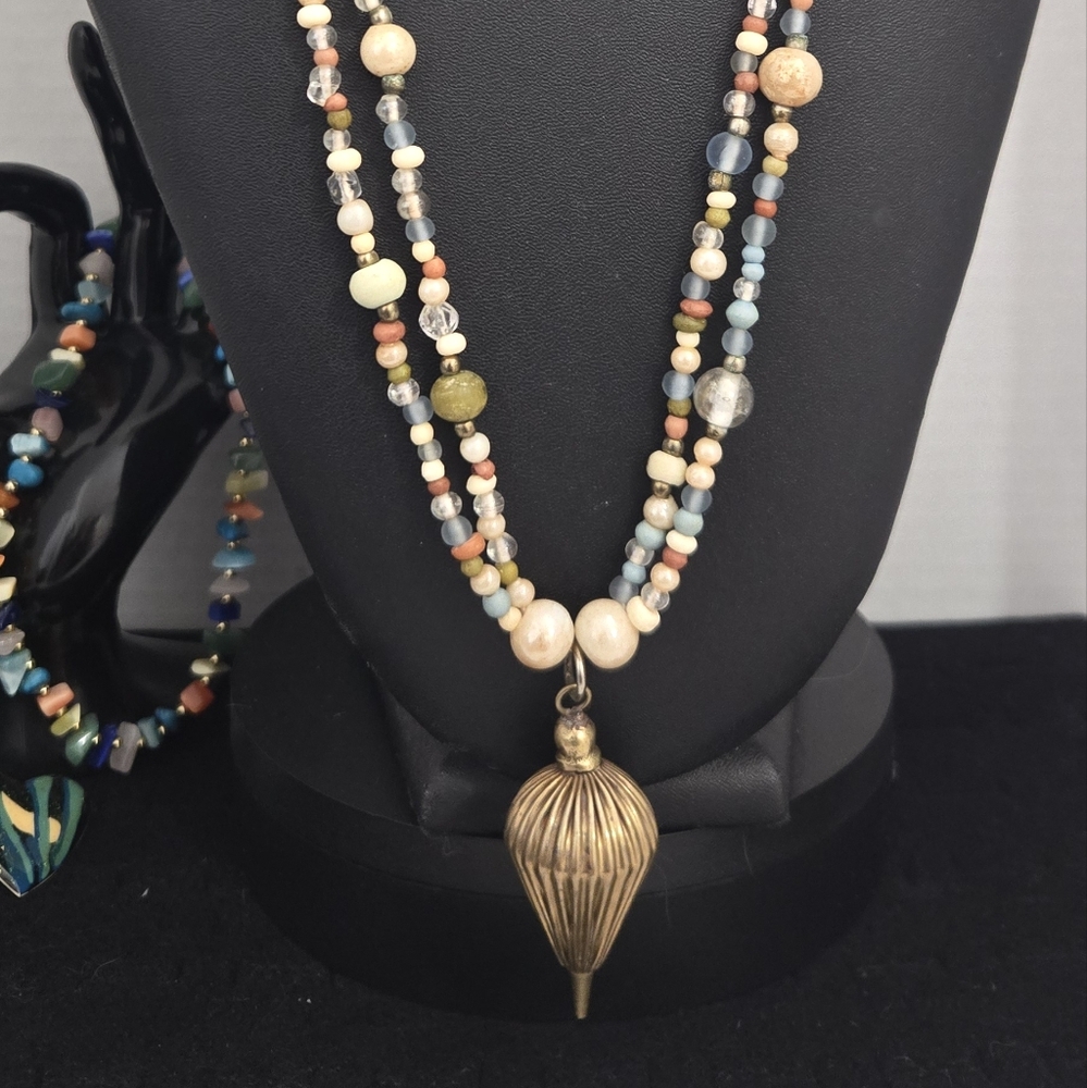 Vintage Double Stranded Beaded Pendulum Necklace - image 3
